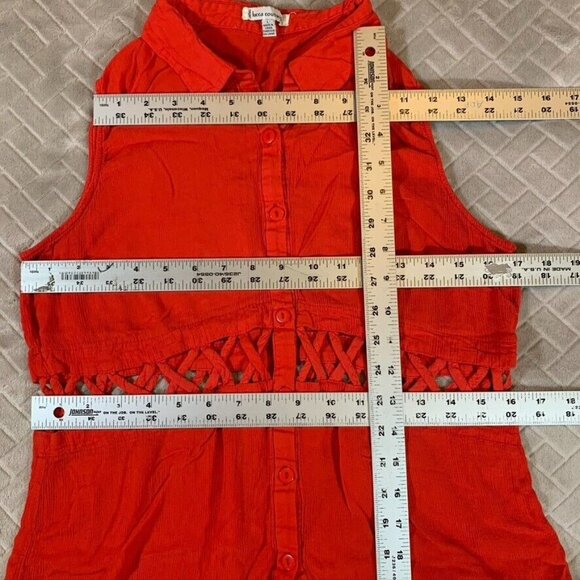 Luca Couture Womens Large Blouse Red Collared Button Up Gauzy Rayon Sleeveless - Picture 7 of 10